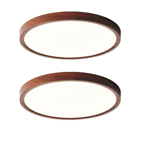 LED Walnut Wood Flush Mount Ceiling Light Fixture 16 Inch - 2 Pack - Adjustable Color Temperature