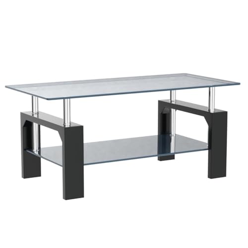Black Living Room Coffee Table with Wooden Legs and Glass Top - 39.5 x 23.5 x 17.5 in