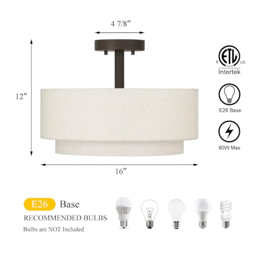 XiNBEi Lighting 16-Inch Dark Bronze Linen Drum Semi Flush Ceiling Light for Dining & Living Rooms