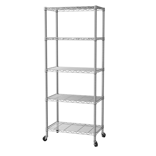 Grey 5-Tier Metal Wire Closet Shelf with Wheels, Adjustable & Rustproof - 14"D x 24"W x 61"H
