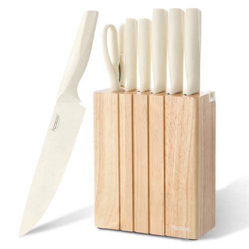 White Stem Wooden Seat 8-Piece Knife Set with Block & Built-in Sharpener