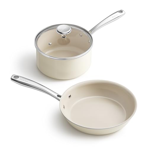Mini Ceramic Cookware Set with 8-Inch Frying Pan & 2.5QT Saucepan - Beige, 3-Piece