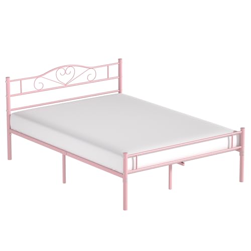Pink Queen Size Metal Bed Frame with Headboard & Footboard - Heavy Duty, No Box Spring Needed, 14 Inch