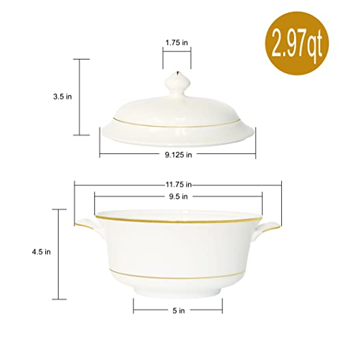 Bone China Soup Tureen Set with Lid, Gold Rim, 2.97QT, Elegant White Serving Bowl