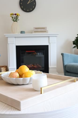 24x24 Inch Oversized Ivory Shagreen Leather Ottoman Tray with Gold Handles – Large Decorative Serving & Coffee Table Tray (Variation: Ivory-Gold Handle)
