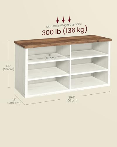 VASAGLE Rustic White & Honey Brown Shoe Bench with Adjustable Shelves, 11.6 x 39.4 x 19.7 Inches
