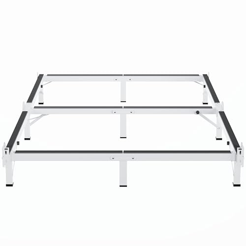 White Queen Metal Bed Frame 8-Inch Support with 9 Legs, Folding Design