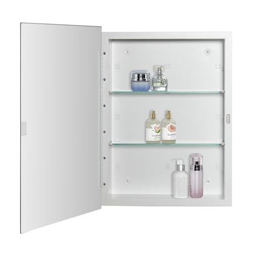IDYLLOR White Beveled Edge Recessed or Surface Mount Bathroom Medicine Cabinet, 16x22 inch with Adjustable Shelves - Matt White