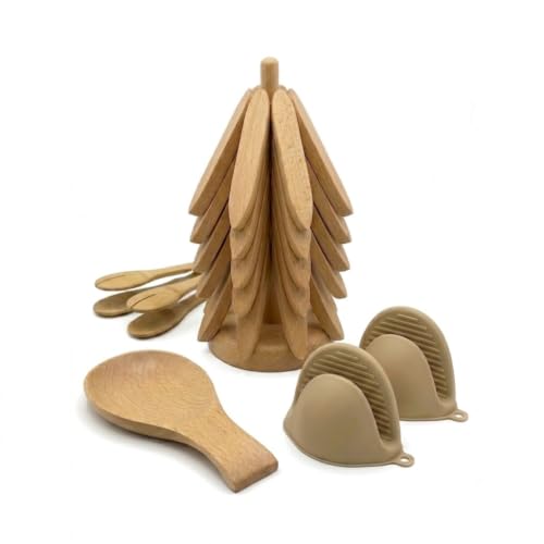 Rynic Beech Wood 10-Piece Trivet Set with Stand & Kitchen Utensils