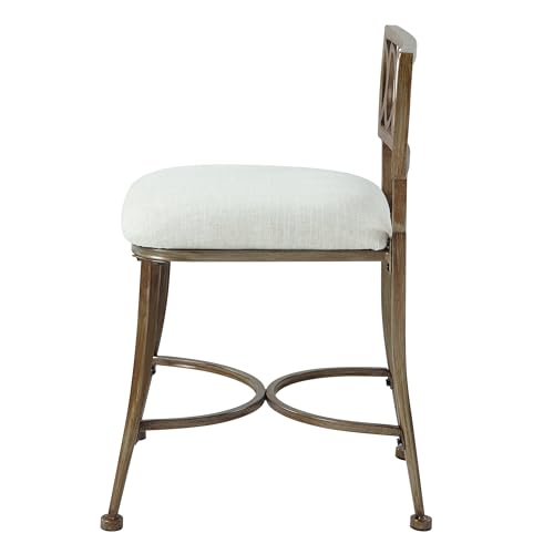 Golden Bronze Vanity Stool with Linen Seat, Low Back, Durable Iron Frame