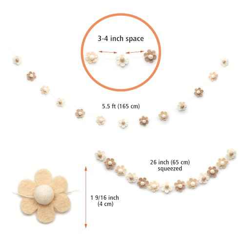Glaciart One Felt Flower Garland - Fun Party Decorations for Easter, Spring & Birthdays - Home Decor for Living Room, Bedroom, Baby Room - 100% Natural Wool Pom Poms with Cotton String - 5.5 Ft.