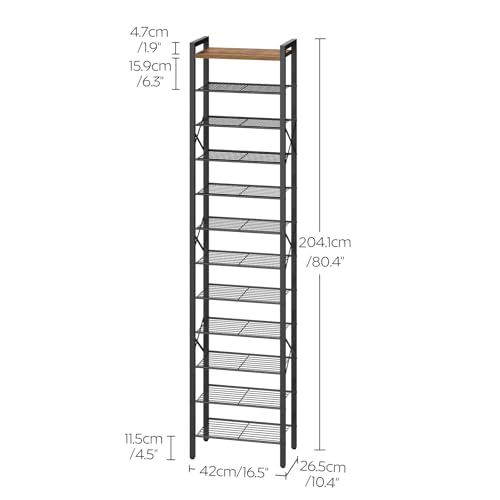 YATINEY Rustic Brown & Black 12-Tier Narrow Shoe Rack, 16.5 x 10.4 x 80.4 inches, Tall Shoe Organizer for Entryway and Closet
