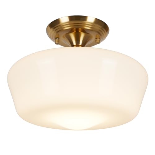 12-Inch Brass Schoolhouse Semi Flush Mount Ceiling Light with Opal Milk Glass Shade - Medium Variation