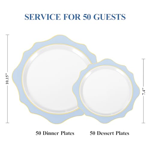 realluck 100Pcs White & Blue Plastic Plates for 50 Guests