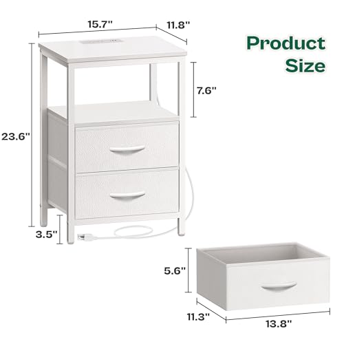 Huuger White Night Stand with Charging Station & LED Lights, 2 Drawer, 11.8"D x 15.7"W x 23.6"H