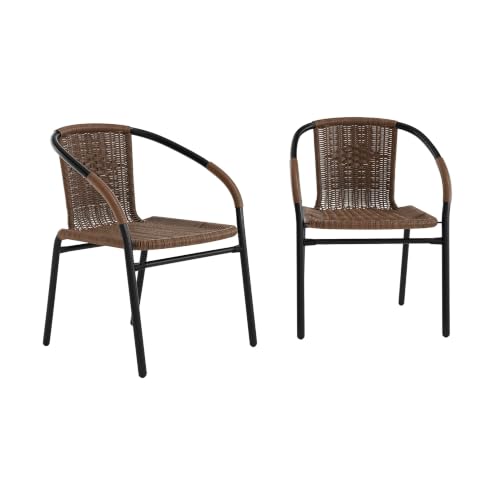 Dark Brown Set of 2 Indoor/Outdoor Rattan Dining Chairs - Stackable Bistro Seats
