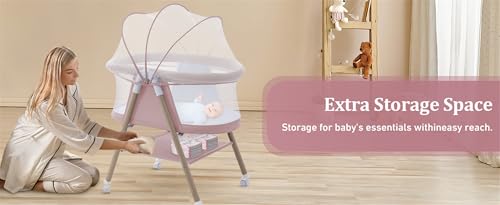 Pink Portable Baby Bassinet 3-in-1 Crib with Mosquito Net & Travel Bag