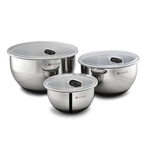 HexClad 3-Piece Stainless Steel Mixing Bowl Set with Vacuum Seal Lids