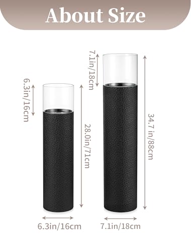 Sziqiqi Tall Floor Candle Holders Set - 27.95in & 34.65in Black Hurricane Pillar Candle Holders with Glass, Modern Home Decor