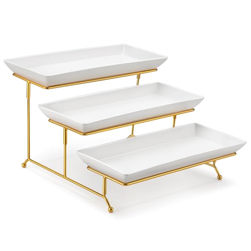 MALACASA 3 Tier Serving Tray Set - White Gold 14 Inch Porcelain Dessert Stand