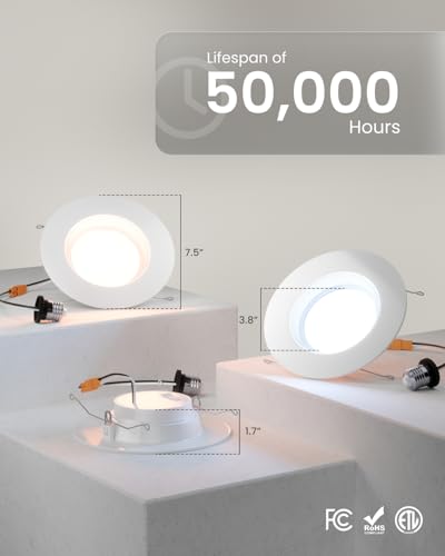 6 Inch Retrofit LED Recessed Lights - Dimmable with Selectable 2700K-5000K, 13W=75W, Sunco