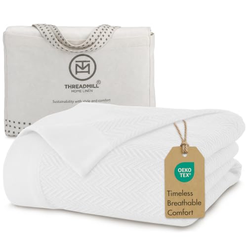 Threadmill Luxury 100% Cotton King Herringbone Blanket, Bright White