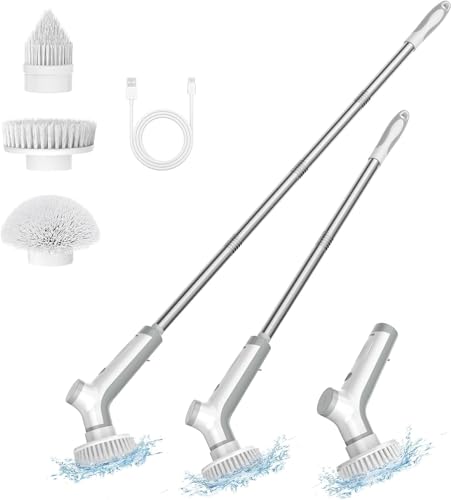 Electric Spin Scrubber Cordless Shower Cleaner with Extensible Handle - White