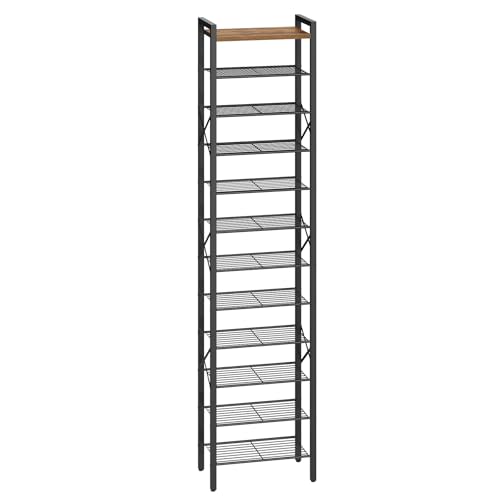 YATINEY Rustic Brown & Black 12-Tier Narrow Shoe Rack, 16.5 x 10.4 x 80.4 inches, Tall Shoe Organizer for Entryway and Closet