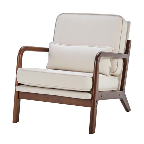 DUMOS Linen Beige Mid Century Modern Accent Chair with 16'' Seat - Cozy Lounge Seating