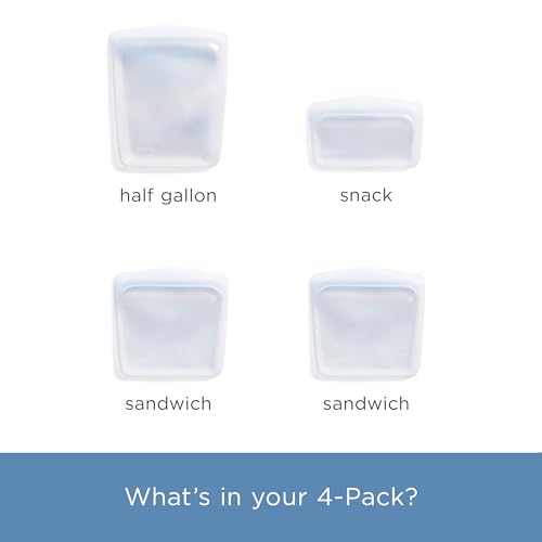 Reusable Silicone Food Storage Bags Set - Clear, 4-Pack with Half Gallon, Sandwich & Snack Sizes - Leak-Free & Dishwasher Safe