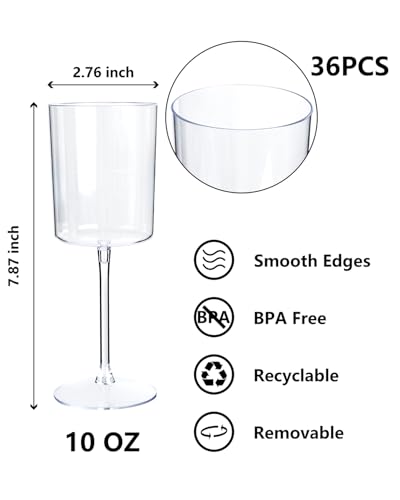 YOUBET Clear Disposable Plastic Wine Glasses 10 oz - Pack of 36 with Removable Stem