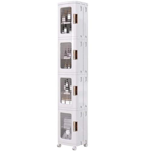 White 4-Tier Narrow Storage Cabinet with Wheels - Adjustable Shelves, Space Saving