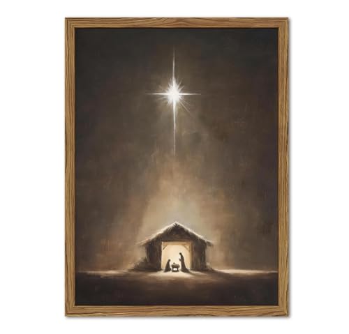 24x16 Inch Nativity Scene Wall Art Jesus Bethlehem Star Canvas Framed Religious Decor