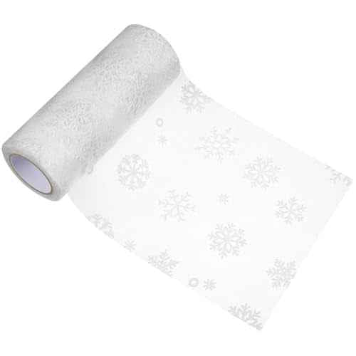15cm 10yards Christmas Snowflake Glitter Tulle Snowflake Fabric Sparkling Tulle Snowflake Ribbon for Home Office DecorationWrapping Party Decoration (White)