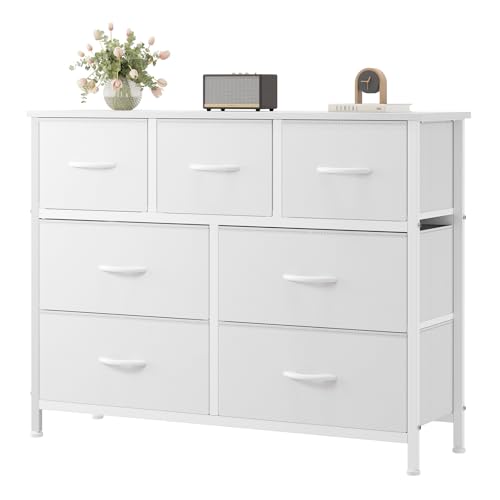 OLIXIS White 7-Drawer Fabric Dresser with Wooden Top, Bedroom & Closet Storage Tower