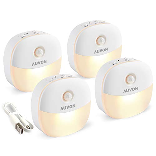 AUVON Rechargeable Battery Night Light 4 Pack - Motion & Dusk-Dawn Sensor, Multiple Modes