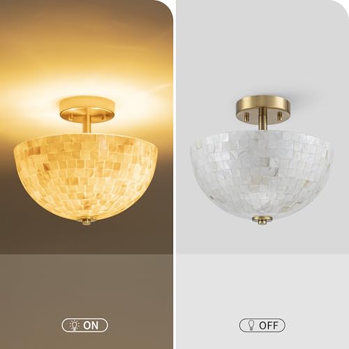 D12" Brass Close to Ceiling Capiz Shell Pendant Light - Coastal Style