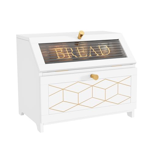 White Double Layer Bread Box with Golden Trim - Wooden Countertop Storage for Kitchen - Solid White