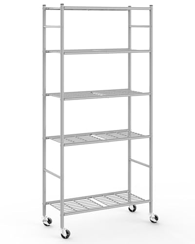 Sakugi 5-Tier Metal Storage Shelves with Wheels - Silver, 33.1 x 12.6 x 73.5 Inches