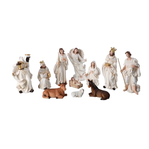 Ovewios 11-Piece White Nativity Set Figurines | Hand Resin Baby Jesus Holy Family Indoor Decor