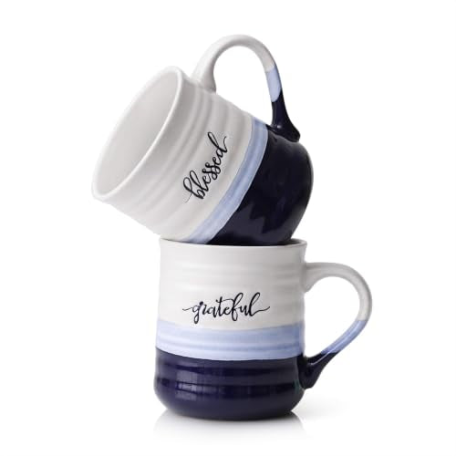 Blue DOWAN 20oz Large Coffee Mug with 'Blessed & Grateful' Word Print - Set of 2, Porcelain Gift for Mom Dad