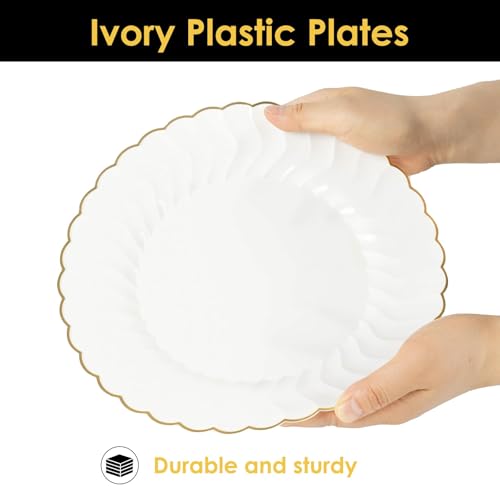 Ivory Scalloped Plastic Plates with Gold Rim - 96pcs Party & Wedding Set - Ivory 96pcs