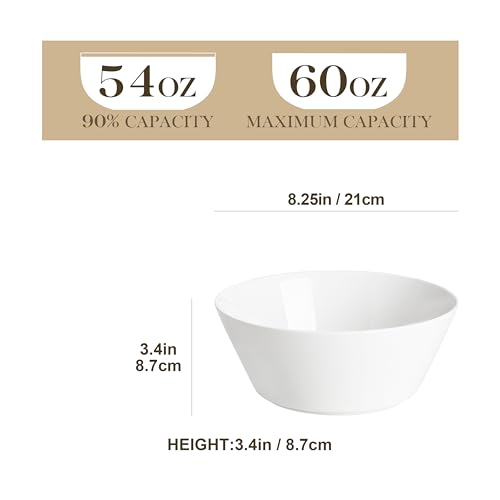 Large Salad Soup Bowls Set of 4 - 60oz White Ceramic Bowls, Family Serving