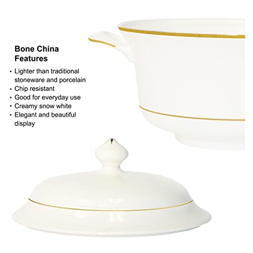Bone China Soup Tureen Set with Lid, Gold Rim, 2.97QT, Elegant White Serving Bowl