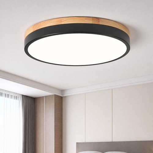 Black Wood Flush Mount Ceiling Light 11.81 Inch Non-Dimmable Modern Design