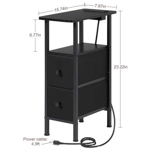 LOAKEKEL Narrow End Table with Charging Station - Small Nightstand, Black, 23.22"H with 2 Drawers & Power Ports