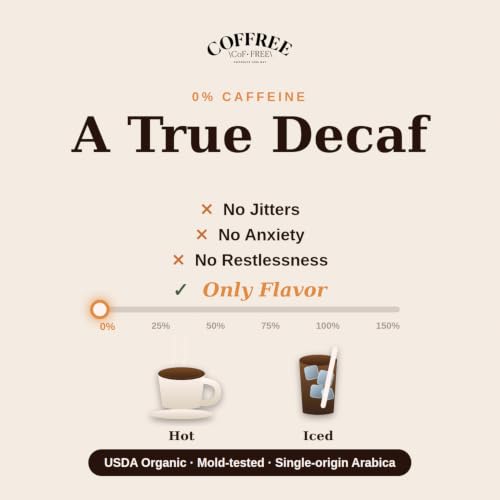 COFFREE Decaf Instant Coffee Packets 24 Count - 0% Caffeine, Light Roast, Arabica, Single Serve Sticks for Travel & Camping