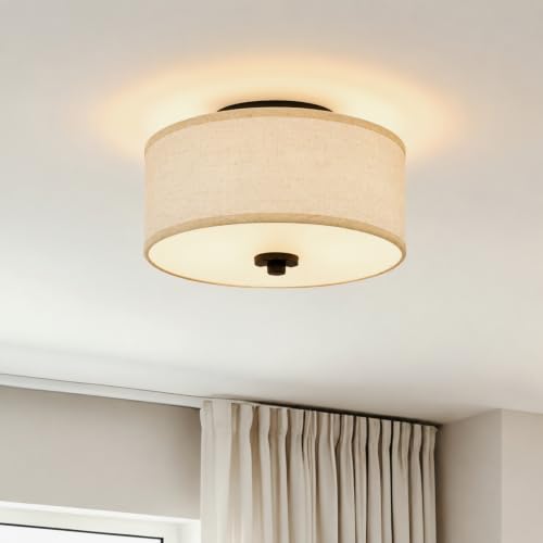 Beige Linen 12-Inch Flush Mount Ceiling Light with 2 E26 Sockets for Small Rooms
