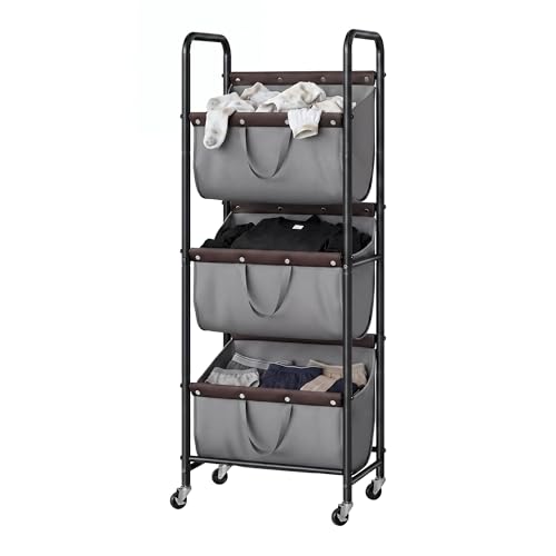 Grey 3-Tier Laundry Sorter Cart with Wheels - Narrow Hamper for Small Spaces