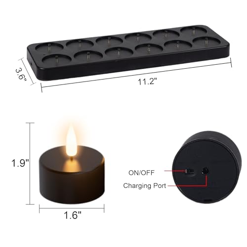 Rechargeable Black Tea Lights Candles with Remote & Timer - Set of 12 - Black